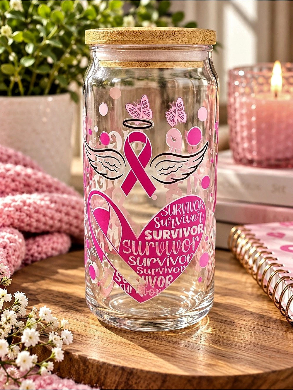 Pink & Clear Ribbon Glass Jar with Lid